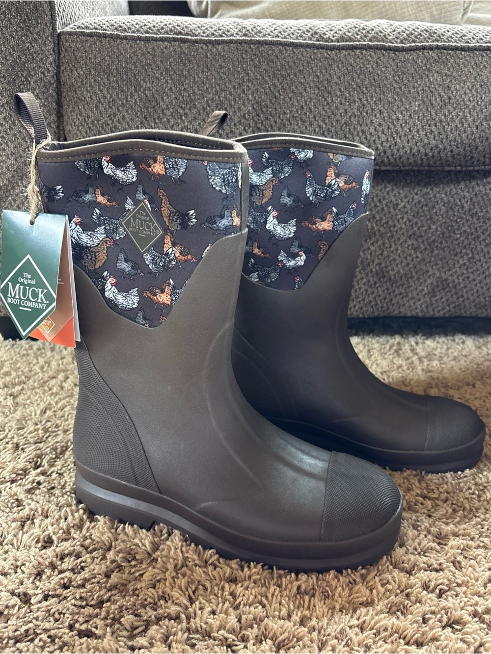 Muck Chore Classic Mid Work Boots Women's Brown Chicken Print Waterproof Size 9